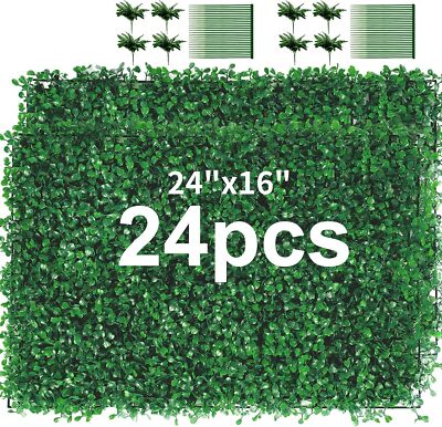 24pcs 24''x16'' Artificial Boxwood Wall Hedge Mat Plant Panels Outdoor Grass Fence