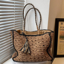 Woven Straw Tote Bag with Tassel - Women s Summer Beach Handbag
