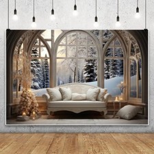 10x8ft Vinyl Christmas Backdrop White Couch Window Forest Snowscape Winter Co...