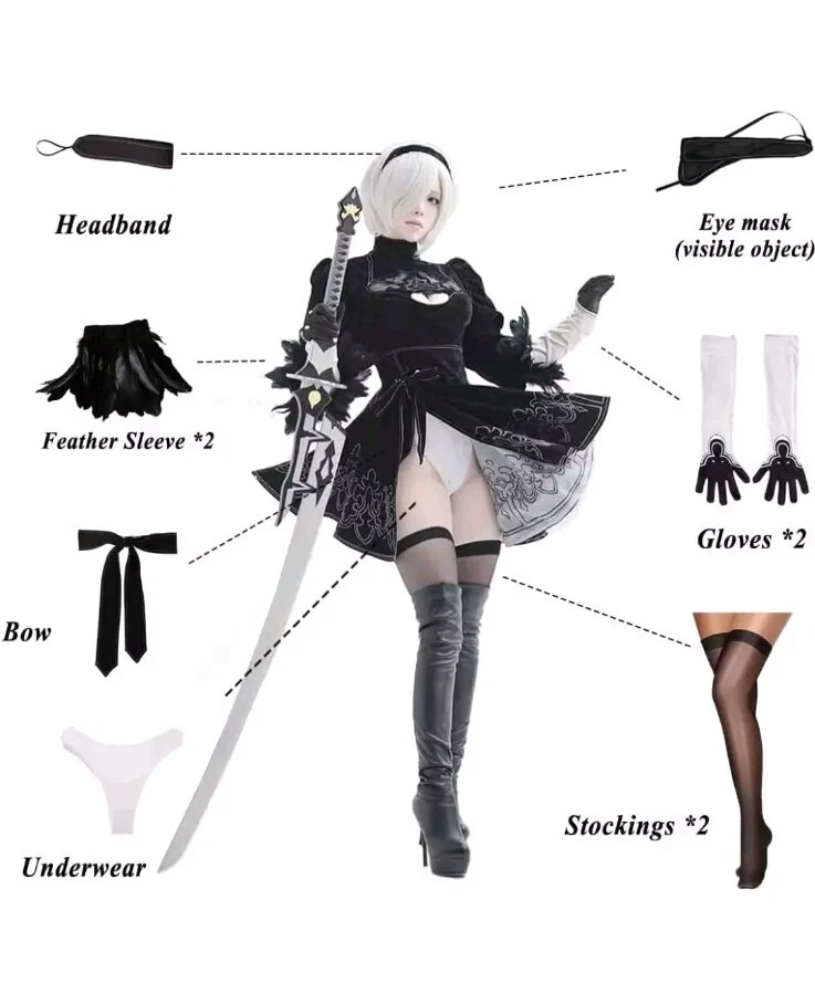 Vestido Negro Peluca Cosplay Conjunto Nier Automata Yorha 2B Traje Anime Mujeres Disfraz Foto 2 de 3