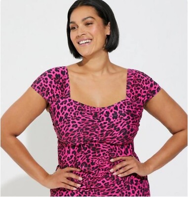 Torrid Tankini Swim TOP ONLY Wireless Ruched Cap Sleeve Tank Cheetah 6X NWT  NEW