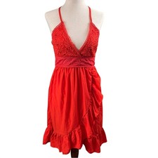 Ecowish Red Backless Dress Deep V Crochet Lace Ruffle Boho Festival Hippie S