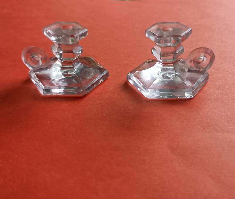 Vintage Pair Miniature Clear Glass Handled Candlestick DollHouse Decoration