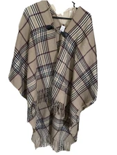 Womens Beige Plaid Poncho Shawl With Front Clasp And Tassels