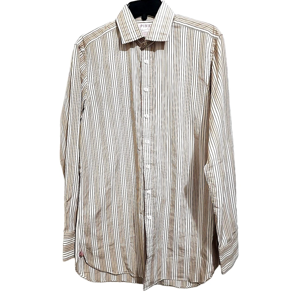 Camisa de vestir rosa Thomas para hombre 15/38 marrón blanco a rayas nueva sin etiquetas Foto 2 de 4