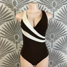 Vtg 90s Brown White Colorblock One Piece Swimsuit Ribbed Faux Wrap Open Back M