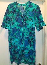 Women's Green Blue Floral V-Neck Shift Knee Length Short Sleeve Dress L