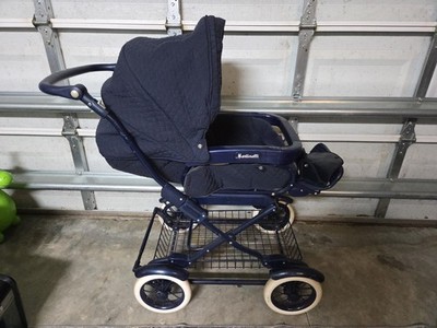 Vtg Peg Perego Martinelli Pram Stroller Bassinet | Navy Quilted | Mint Condition