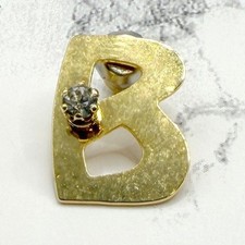 Gold Tone Letter B Rhinestone Initial Lapel Pin Brooch Small 5/8" Intitial B