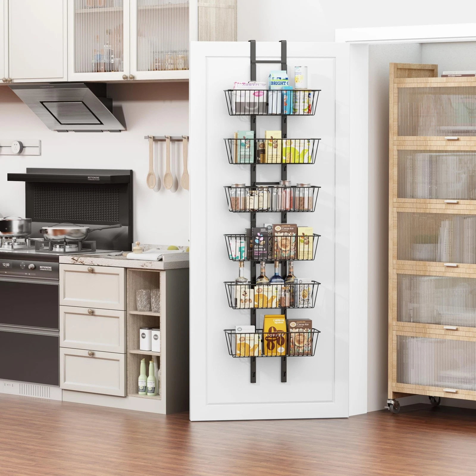 6-Tier Over The Door Pantry Organizer, Metal Hanging Storage Shelf with Adjus...
