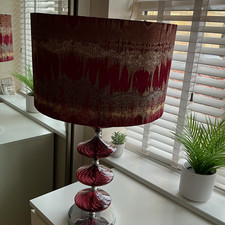 Red/Silver Metallic Table Lamp with Drum Shade, LED, Switch, Bedroom/Living