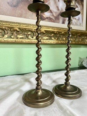 Pair Vintage Solid Brass Barley Twist Natural Patina - 10 Inches