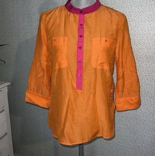jcp Women's 3/4 Sleeve Orange Pink Silk Blend Nautical Button Tunic Top P L NWT