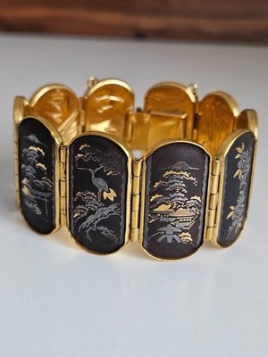 Japanisches Damaszener Shakudo Armband 24K Gold & Silber Inlay Amita Stil