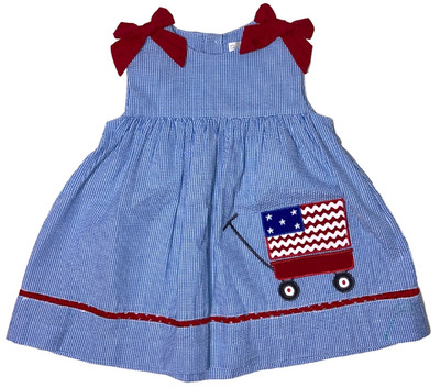 Petit Ami 4th of July Flag Wagon Embroidered Appliqued Red Blue Dress 12 M NWOT