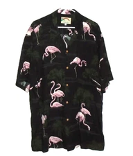 Paradise Found Black Pink Flamingos Button Up Shirt Short Sleeve Men's XL EUC