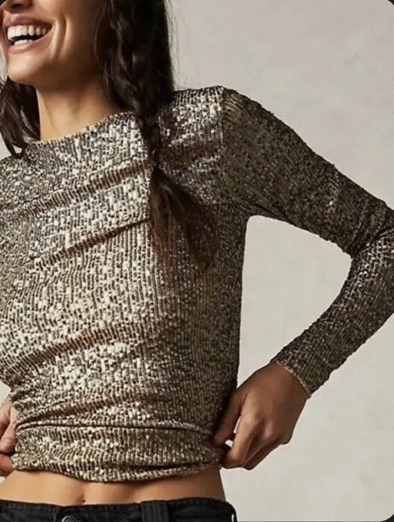 Lentejuelas Free People Intimately Gold Rush manga larga dorado talla pequeña, ¡nuevo!  $78 Foto 3 de 4