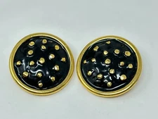 Unique Vintage Goldtone Black Enamel 1.5" Round Clip on Earrings