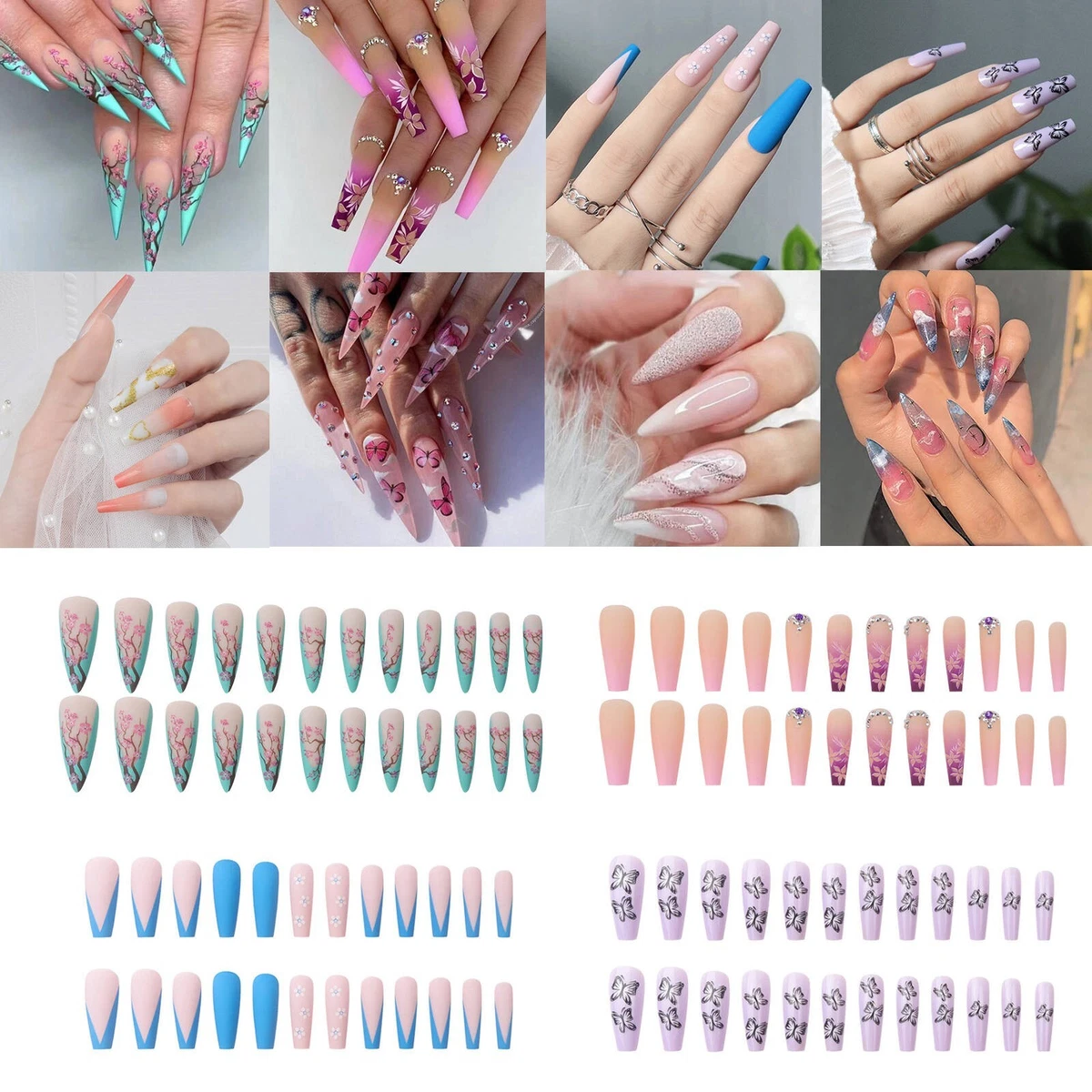 Short Coffin Nails Full Cover with Rhinestones Cute Press Nails Long Fake Nails
