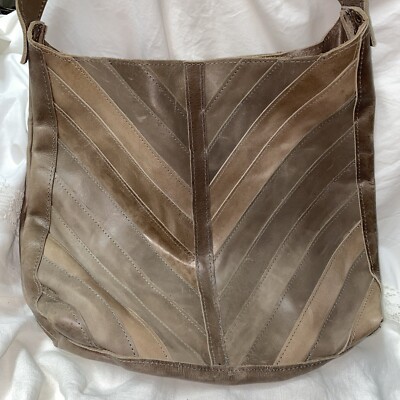 Raven + Lily Large Leather Chevron Tote Bag Taupe gray