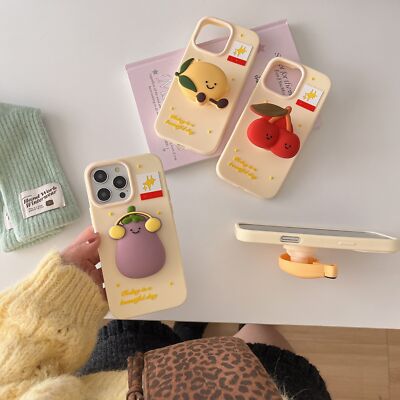 3D Cartoon Fruits Case Kickstand Cover For iPhone 16 15 14 13 12 Pro Max Cute