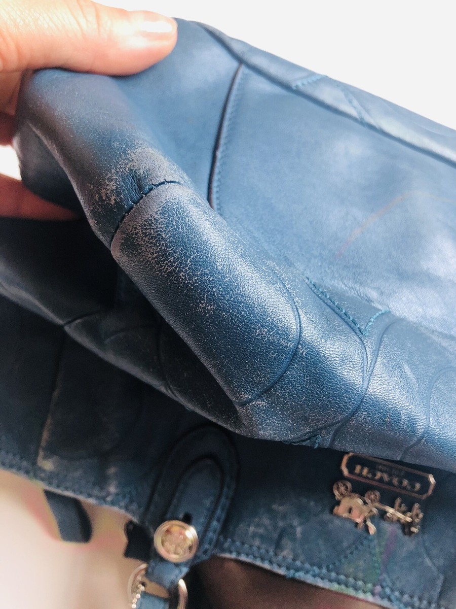 Coach Mia Embossed Signature C Blue Leather Tote Shoulder Bag  