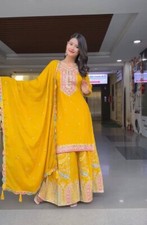 Fancy Designer Yellow Chinon Silk Kurta Palazzo With Dupatta For Wedding