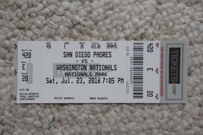 WASHINGTON NATIONALS VS PADRES 7/23/2016 FULL TICKET ~ MAX SCHERZER 10Ks