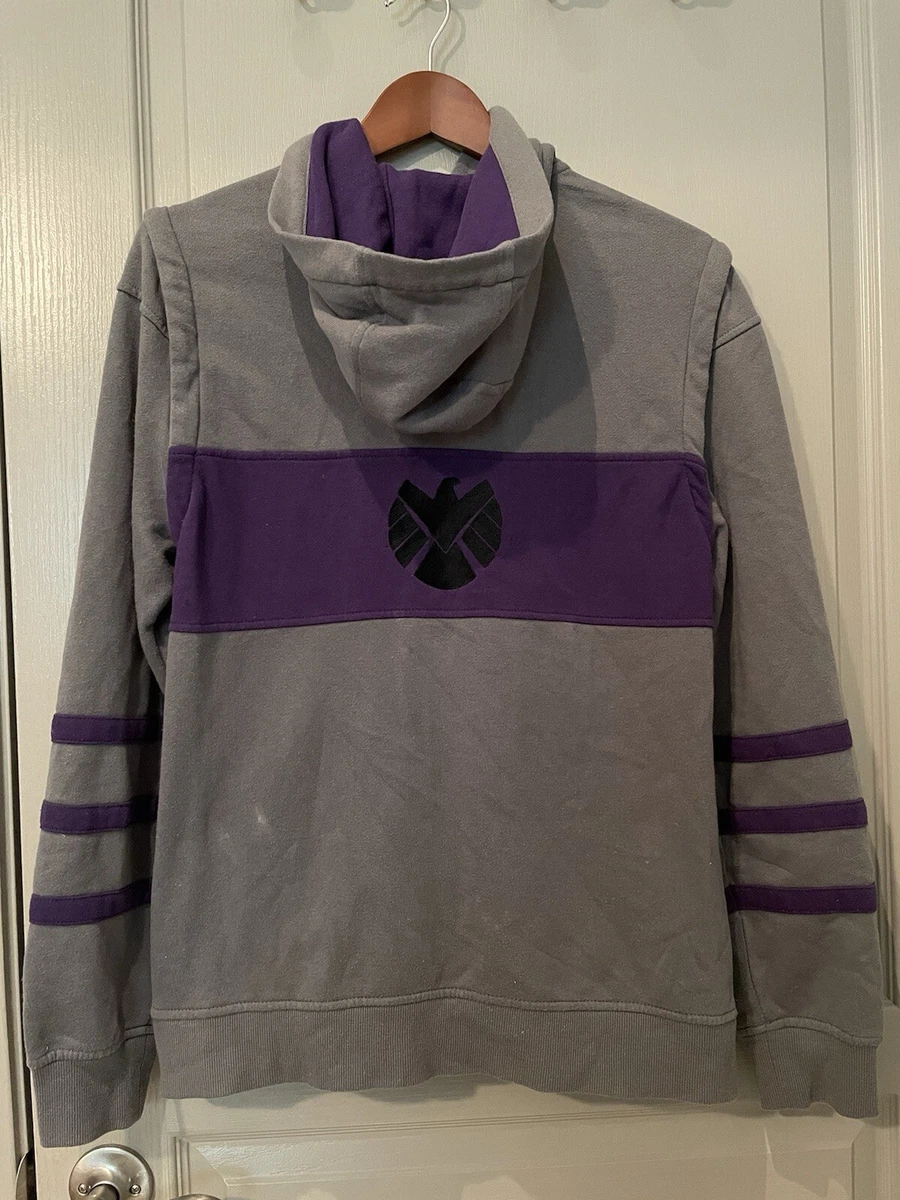 Suéter con Capucha Vintage Marvel Mad Engine Ojo de Halcón Gris Púrpura Cremallera Para Hombres Mediano