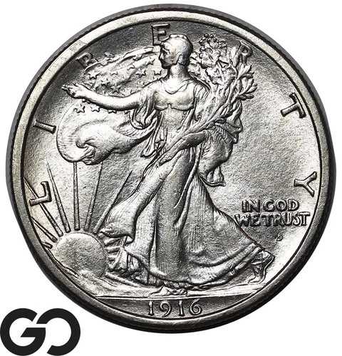 1916-D Walking Liberty Half Dollar, Key Date 1st Yr Issue, Choice Unc++, Rare!