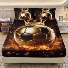 Black Gold Soccer Bedding Set for Boys Girls,3D Football Crown Printed Full B...
