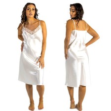 White Silky Shiny Sexy Satin & Lace Chemise Nightie Slip Midi Length Size 18