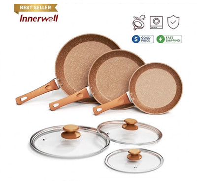 6pc Granite Nonstick Frying Pan Set with Lids Induction Skillets Set