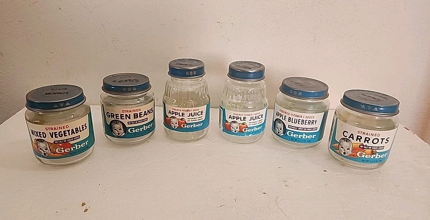 LOT OF 6 VTG 1980s Gerber Baby Food Jar Glass Juice W/lids&labels USA Fruit&veg
Opens in a new windo