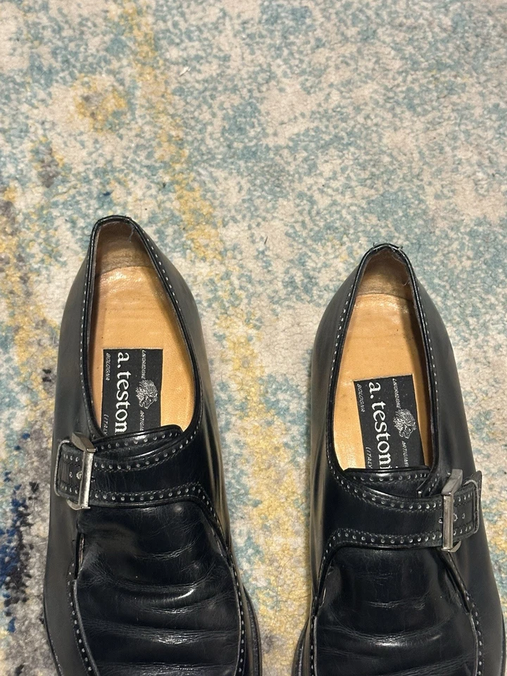 A. Testoni Loafers Men’s Size 10 Black Label Leather Wingtip Monk Strap Italy - Image 3 of 4