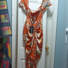 PRETTYLITTLETHING Orange White Floral Off-Shoulder Midi Dress Size 12 Women's