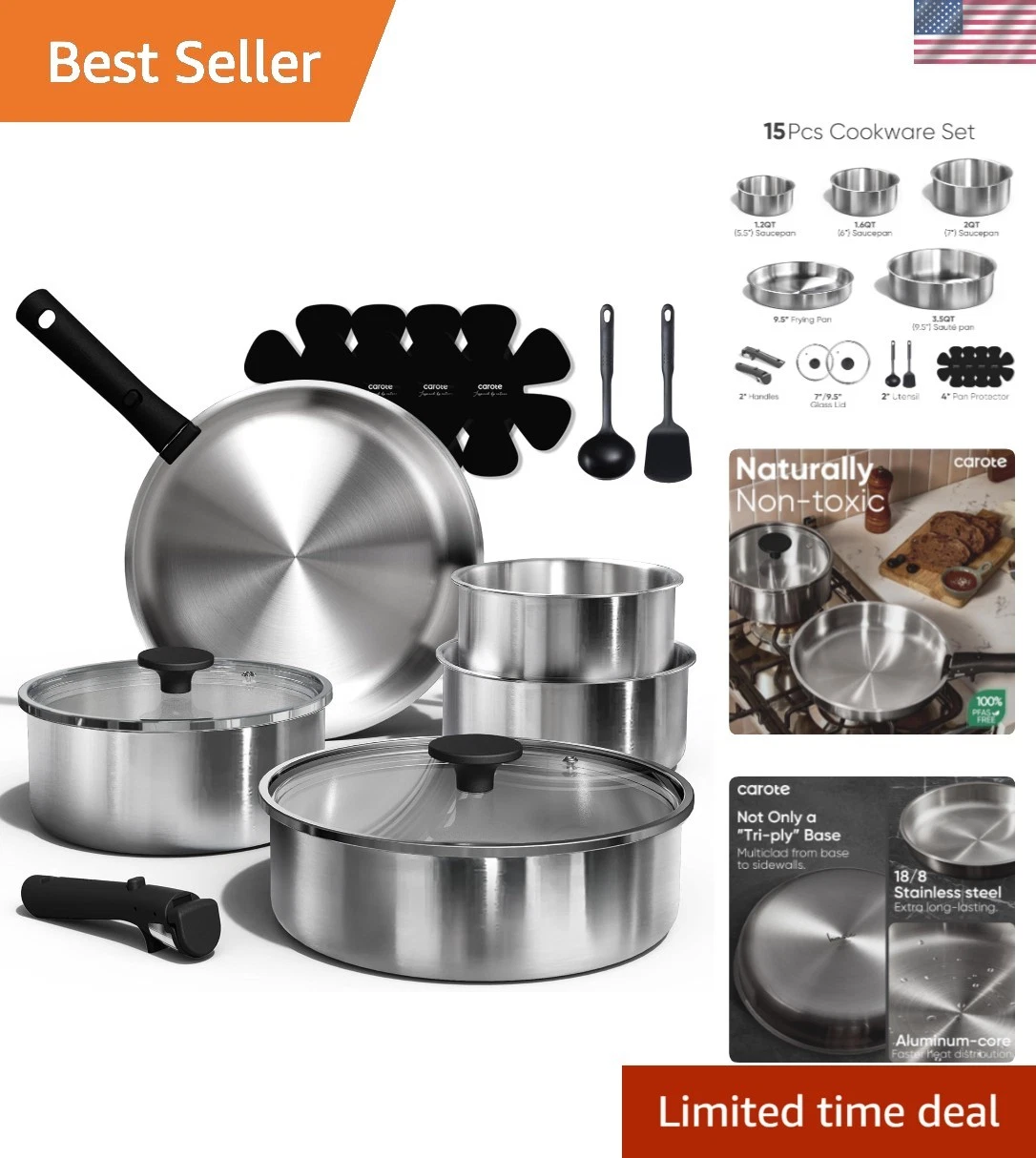 Pots and Pans Set, Stainless Steel Cookware Set Detachable Handle, 15pcs Indu...