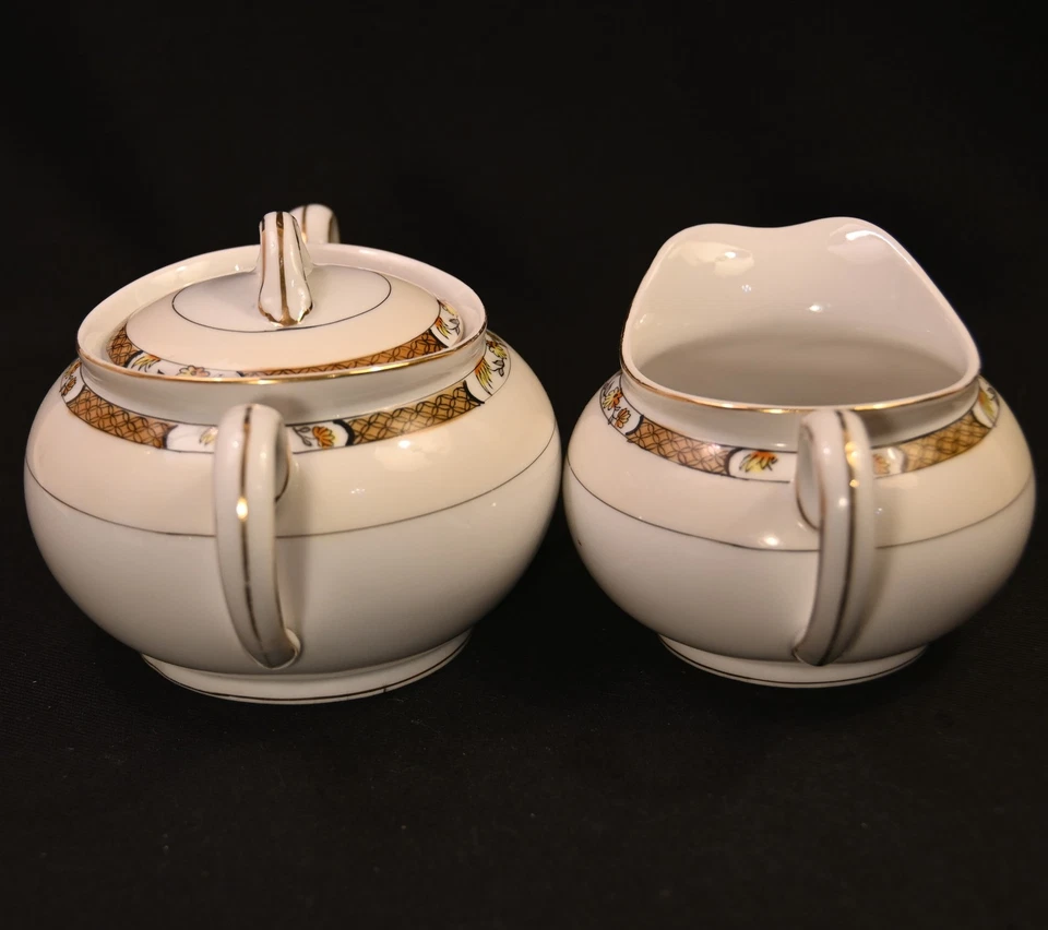 Noritake Creamer & Sugar w/Lid Geometric Band Florals w/Gold 1918 Hand Painted - image 3 of 4