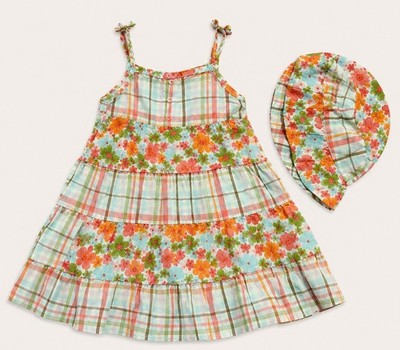 Gymboree Flower and Plaid Vintage Infant Tiered Dress And Bonnet 18mo Cotton