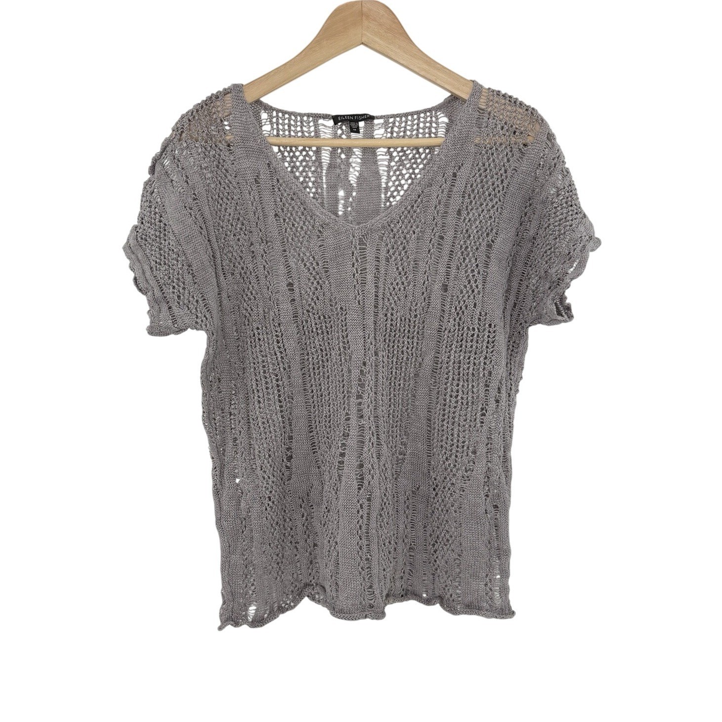 EILEEN FISHER Sweater Linen Metallic Cotton Open Knit Gray Sz M Preppy See Photo