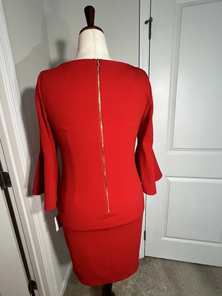 Vestido justo Calvin Klein vermelho manga sino comprimento do joelho feminino tamanho 12 - Imagem 2 de 4