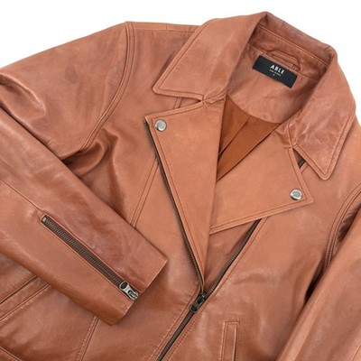 ABLE Maha Leather Jacket Womens Medium Cognac Brown Lambskin Moto Biker Chic Zip