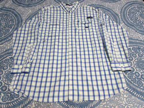 Columbia PFG Shirt Men XL Super Bonehead Blue White Plaid Long Sleeve Omni-Shade - Picture 7 of 15