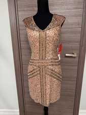 Shail K Sequin Cocktail Dress Size 8 Rose Gold Sleeveless V-Neck Silk Beaded