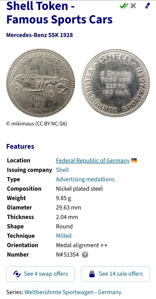 Shell Medaille - Berühmte Sportwagen Mercedes-Benz SSK 1928 🇩🇪 GERMANY - Bild 3 von 4