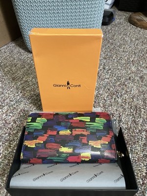 GIANNI CONTI Leather Large Zippered Wallet In Black/Multi - NIB