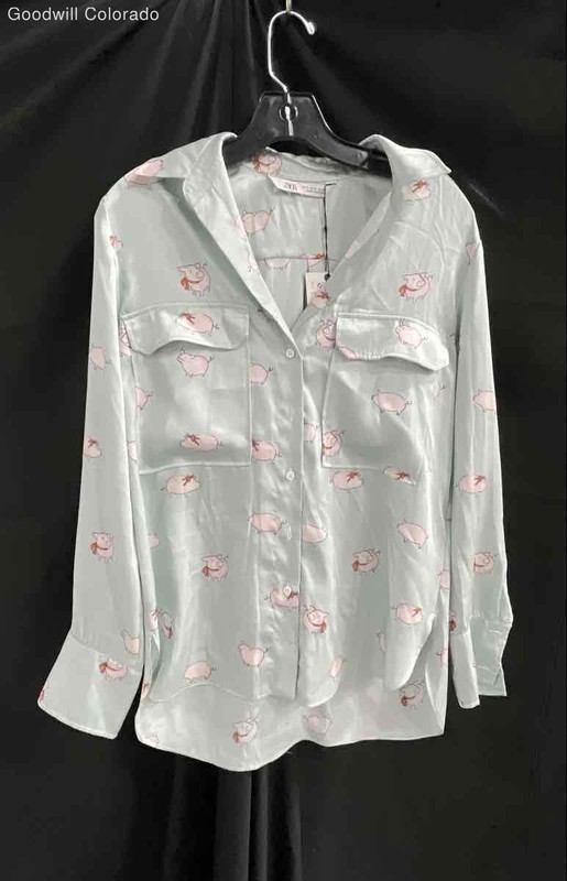 Zara Womens Light Mint Pig Print Long Sleeve Button-Up Shirt Size Small