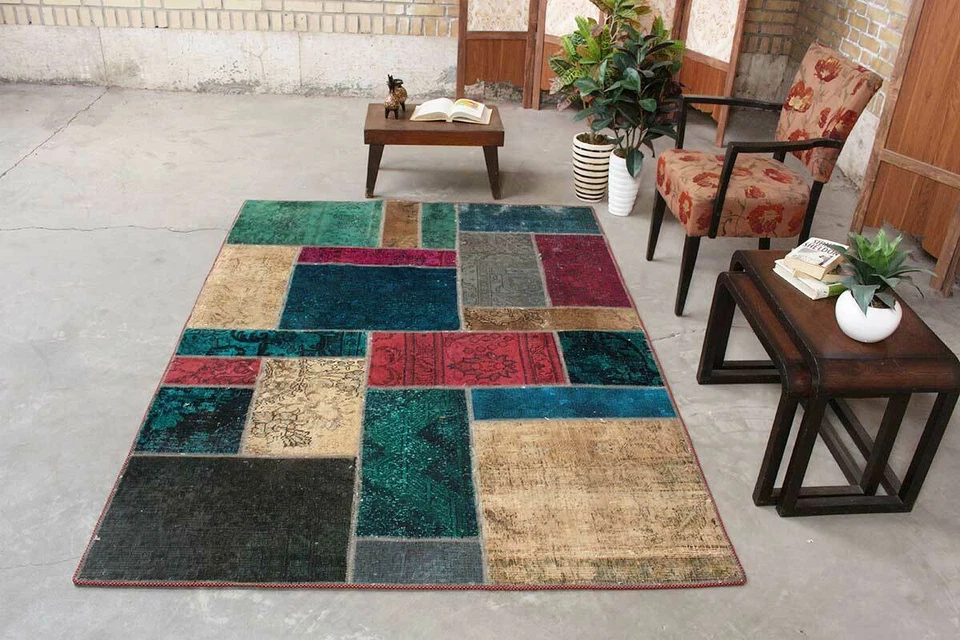 5x6 Vintage Handmade Wool Hand Knotted Colorful Geometric Patchwork Area Rug - Image 3 of 4