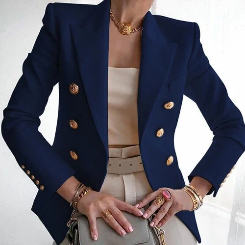 Zweireihiger Damen Blazer Mantel Langarm Revers formell schmale Jacke Oberbekleidung | - Bild 16 von 26