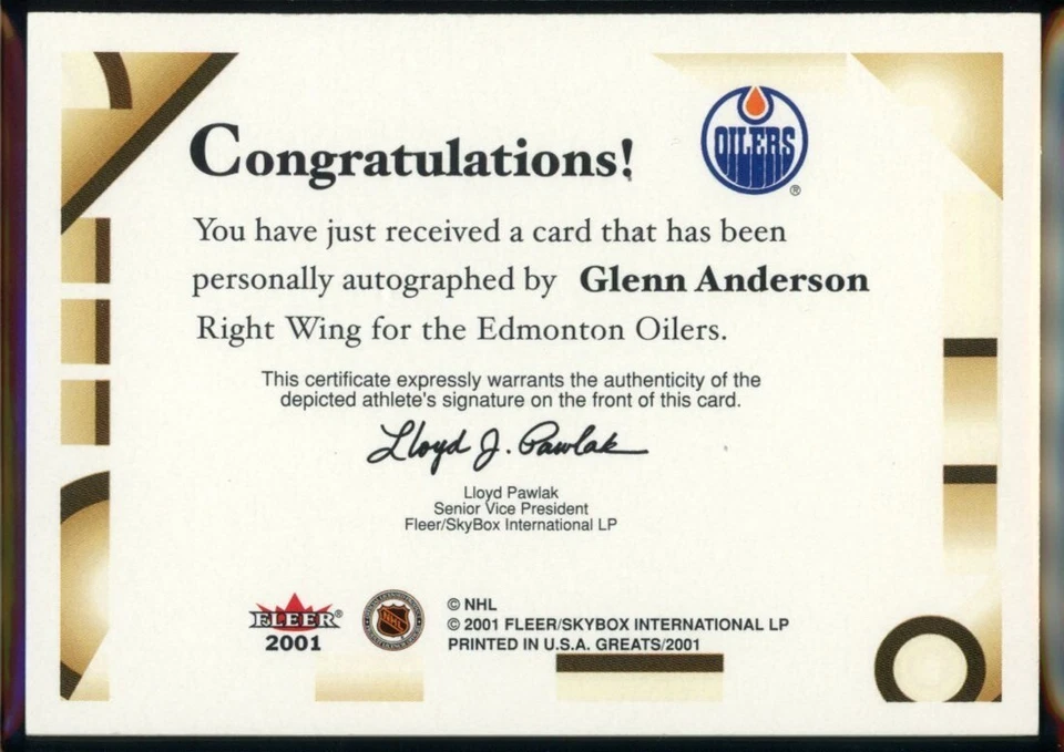 2001-02 Fleer Greats of the Game GLENN ANDERSON Edmonton Oilers AUTO - Image 2 of 3